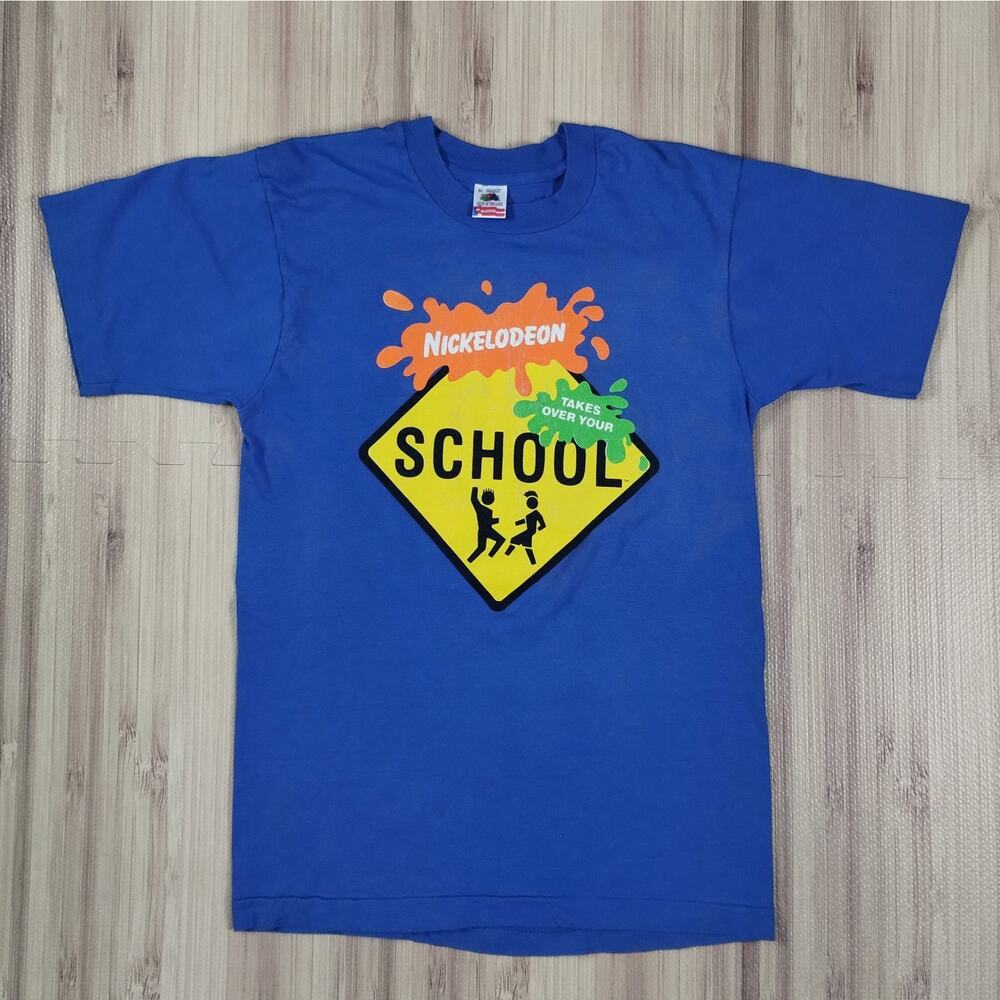 Vintage NICKELODEON Takes Over Your School 1992 Rare T-Shirt Blue Nick Slime